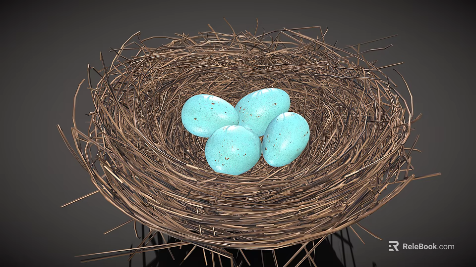 Natural Twig Nest With Four Blue Speckled Eggs On Dark Surface 3d model 