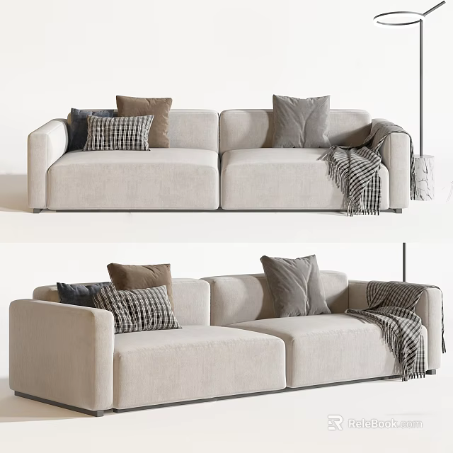 Modern Beige Two Seater Sofa With Plush Cushions Checkered Pillow And Cozy Blanket 3d model 