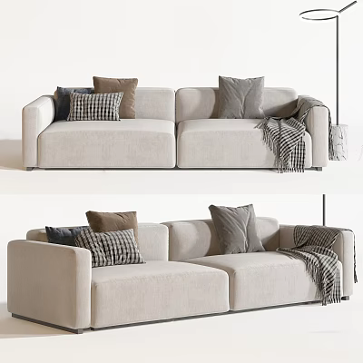 Modern Beige Two Seater Sofa With Plush Cushions Checkered Pillow And Cozy Blanket 3d model