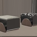 Modern Two Square Stools With Light Fabric And Black White Patterned Cushions Wooden Bases