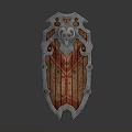 Medieval Battle Shield With Metal Frame Wooden Texture Central Emblem And Ornate Edges