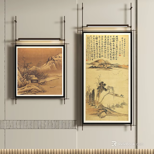Traditional Chinese Landscape Painting Wall Art With Calligraphy And Ink Elements 3d model 