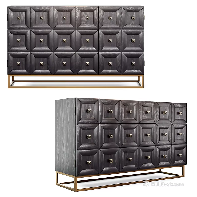 Elegant Modern Entryway Console Cabinet With Textured Drawers Gold Handles And Metal Base 3d model 
