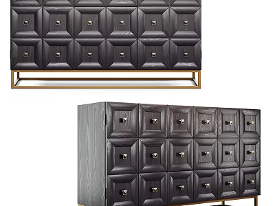 Elegant Modern Entryway Console Cabinet With Textured Drawers Gold Handles And Metal Base 3d model