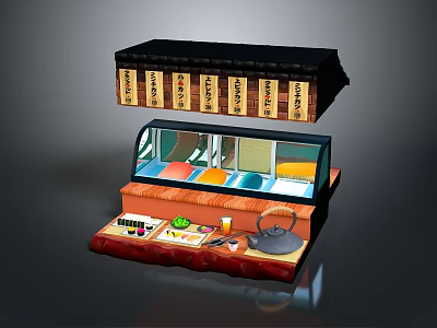 Traditional Food Stall With Glass Display Colorful Foods Teapot Cups And Fresh Ingredients 3d model