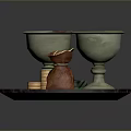 Decorative Round Tray With Green Goblets Brown Bag Gold Coins And Coin Rolls