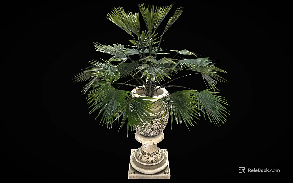 Lush Green Palm Plant In Decorative Ornate Planter With Square Base 3d model 