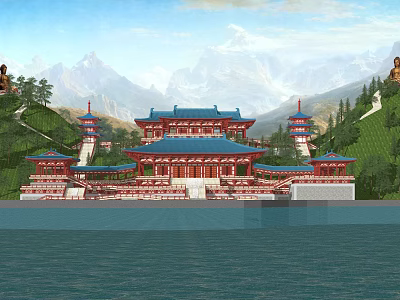 Ancient Chinese Architecture With Traditional Blue Roof Red Pillars And Mountain Water Scenery 3d model