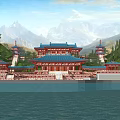 Ancient Chinese Architecture With Traditional Blue Roof Red Pillars And Mountain Water Scenery