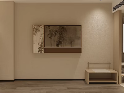 Hotel Room Interior With Beige Walls Bamboo Painting Wooden Flooring And Minimalist Design 3d model