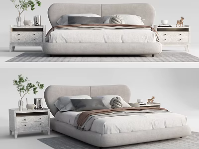 Cozy Modern Double Bed with Upholstered Headboard and Nightstands with Plant Decor 3d model