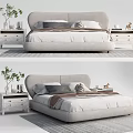 Cozy Modern Double Bed with Upholstered Headboard and Nightstands with Plant Decor