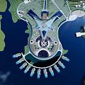 Modern Circular Hotel Building On Water With Overwater Villas And Mountain Views
