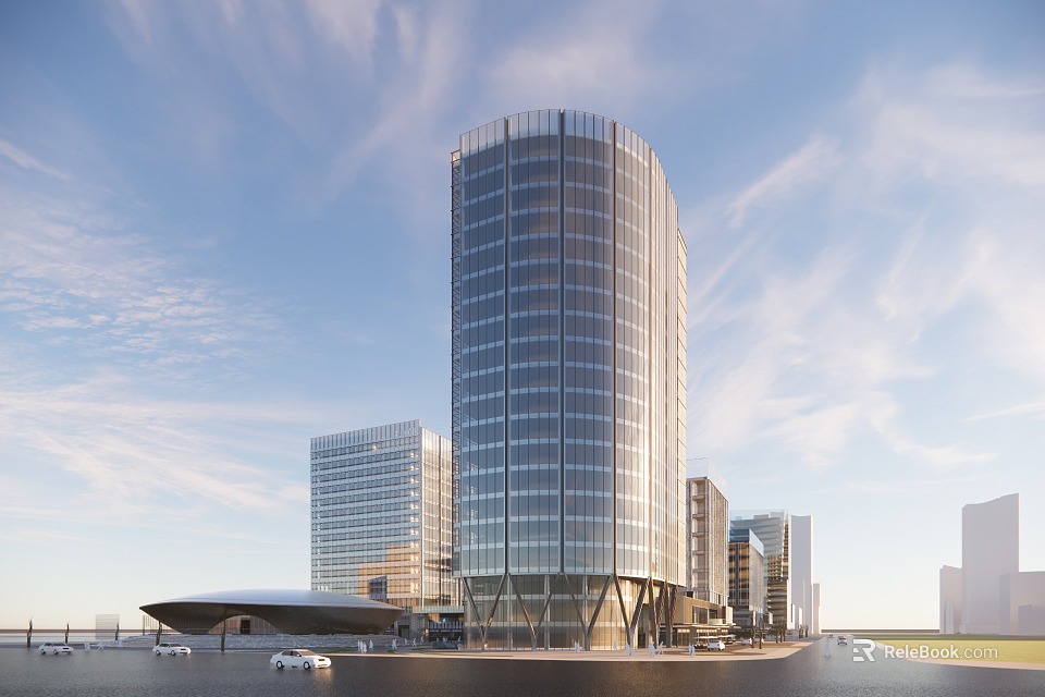 Modern Glass Skyscraper With Surrounding Tall Buildings By Waterfront Under Blue Sky 3d model 