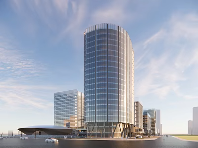 Modern Glass Skyscraper With Surrounding Tall Buildings By Waterfront Under Blue Sky 3d model