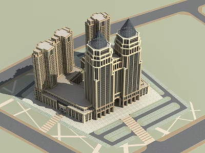 High Rise Classical Residential Building With Conical Roofs And Symmetrical Design 3d model