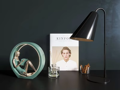 Modern Black Table Lamp with Green Sculpture Book Aromatherapy Bottle and Pen Holder on Desk 3d model