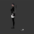 Game Movie Character In Black Tight Suit With Mechanical Wings Feathers Circular Elements Holding Weapon