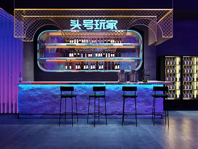 Modern Bar Interior Design With Bar Counter Wine Bottles Black Stools And Purple Blue Lighting 3d model