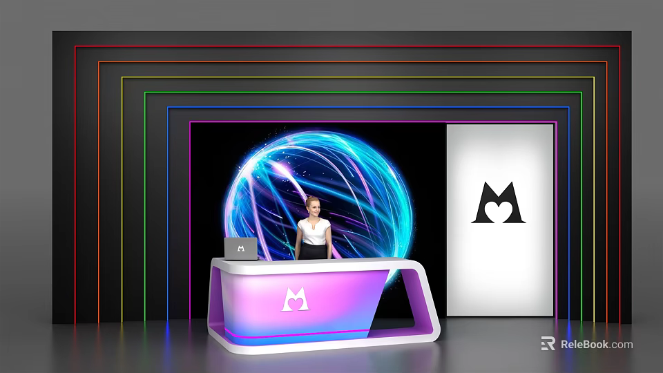 Modern Purple Illuminated Reception Desk with Neon Lights Glowing Sphere and Brand Logo 3d model 