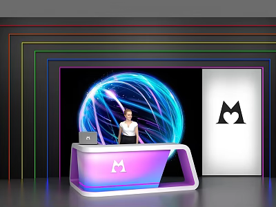 Modern Purple Illuminated Reception Desk with Neon Lights Glowing Sphere and Brand Logo 3d model