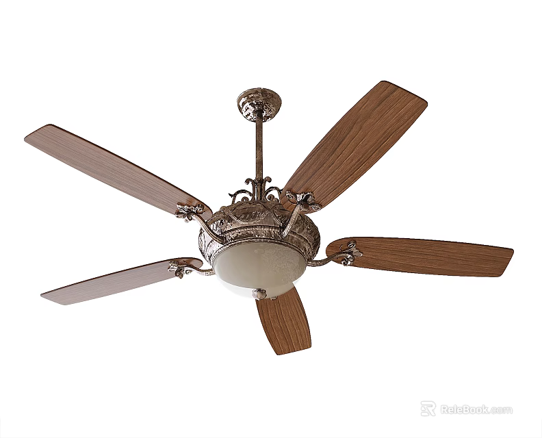 Classic Ceiling Fan with Light Wooden Blades White Glass Shade and Metallic Accents 3d model 