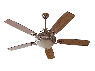 Classic Ceiling Fan with Light Wooden Blades White Glass Shade and Metallic Accents 3d model