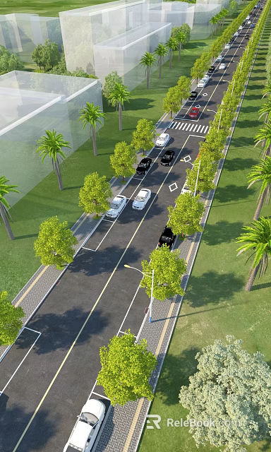 Municipal Road with Lanes Vehicles Lined Trees and Street Lamps 3d model 