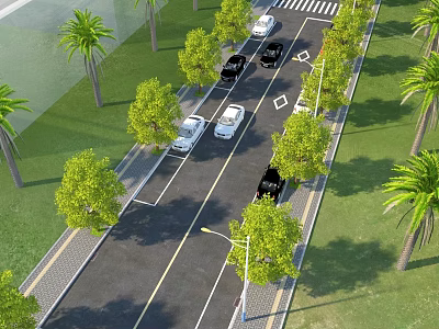 Municipal Road with Lanes Vehicles Lined Trees and Street Lamps 3d model