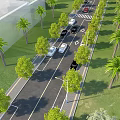 Municipal Road with Lanes Vehicles Lined Trees and Street Lamps