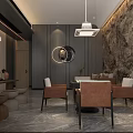 Cozy Modern Hotel Mahjong Room Interior With Tables Chairs Chandeliers And Decorative Plants
