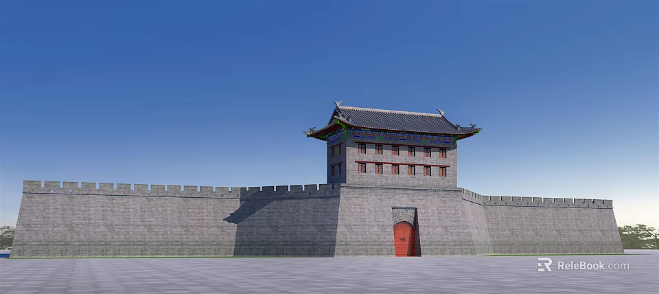 Traditional City Gate Tower With Gray Wall Red Door And Blue Sky Background 3d model 