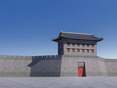 Traditional City Gate Tower With Gray Wall Red Door And Blue Sky Background 3d model