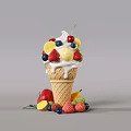Tasty Ice Cream Cone Topped With Whipped Cream Fresh Strawberries Cherries And Mixed Fruits Around