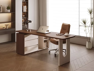 Modern Wooden Desk With Laptop Lamp And Brown Office Chair In Bright Room 3d model