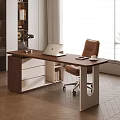 Modern Wooden Desk With Laptop Lamp And Brown Office Chair In Bright Room
