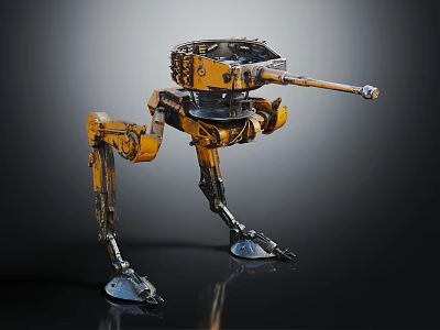 Four Legged Mechanical Character With Yellow Metal Body And Cannon Sci Fi Design 3d model