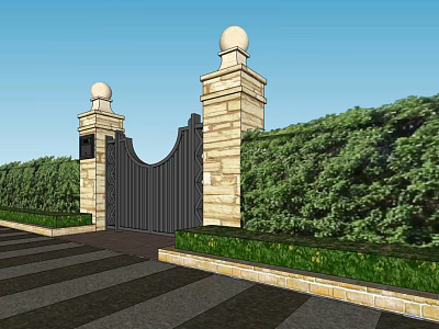 Grand Entrance Gate Featuring Black Iron Structure Stone Pillars Spherical Tops And Green Bushes 3d model