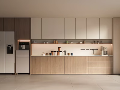 Modern Pantry Interior Design With White And Wooden Cabinets Sleek Countertop And Coffee Appliances 3d model