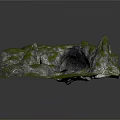 Detailed Natural Rock Formation Featuring Mossy Cave And Lush Green Grass Terrain