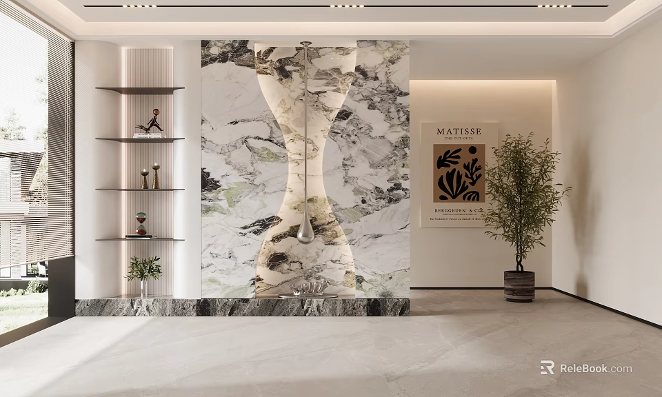 Minimalist Foyer Hallway With Marble Feature Wall Built In Shelves And Plants 3d model 