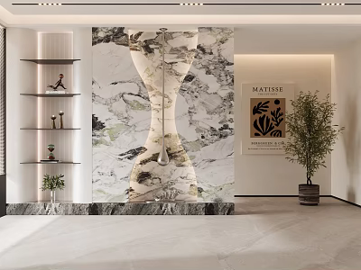 Minimalist Foyer Hallway With Marble Feature Wall Built In Shelves And Plants 3d model