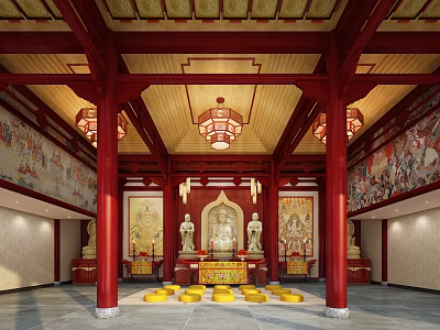 Buddhist Temple Interior Featuring Red Pillars Golden Ceiling Buddha Statues Murals And Hanging Lanterns 3d model