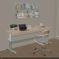 Adjustable Desk with Laptop Green Lamp Office Chair Wall Shelves and Natural Light