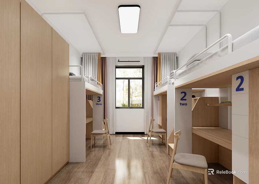 Dormitory Room Interior With Bunk Beds Wooden Cabinets Desks Chairs Window And Numbered 2 3 3d model 