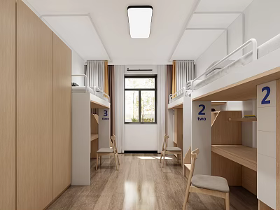 Dormitory Room Interior With Bunk Beds Wooden Cabinets Desks Chairs Window And Numbered 2 3 3d model