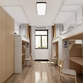 Dormitory Room Interior With Bunk Beds Wooden Cabinets Desks Chairs Window And Numbered 2 3