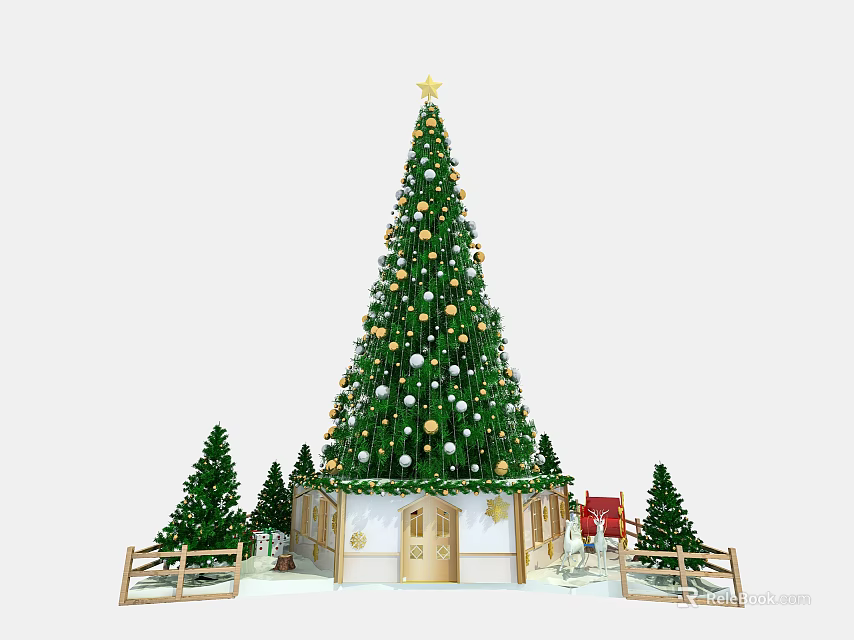 Green Christmas Tree With Star Ornaments Small Trees Fence And Sleigh Decor 3d model 