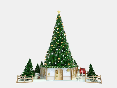 Green Christmas Tree With Star Ornaments Small Trees Fence And Sleigh Decor 3d model