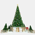 Green Christmas Tree With Star Ornaments Small Trees Fence And Sleigh Decor